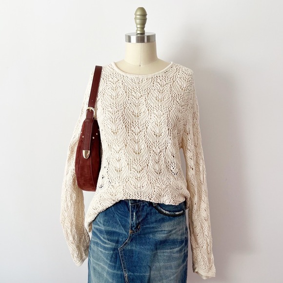 eight eight eight Sweaters - Cream 100% Cotton Sweater Crochet Open Knit Leaf Pattern Long Length Y2K XL